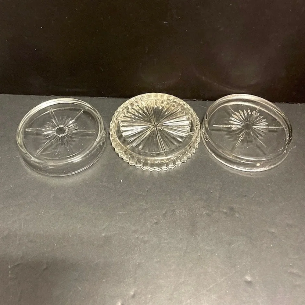 Vintage Pressed Glass Coaster Set of 3 Starburst Sunburst Clear Round Barware